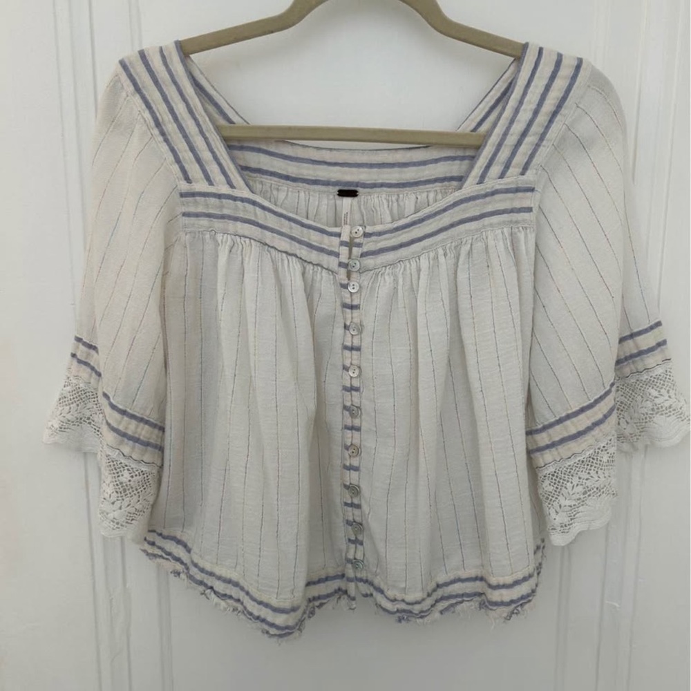 Free People White Peasant Blouse with Blue Stripes